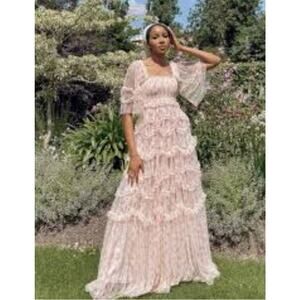 NEEDLE & THREAD Sz 2 Bijou Rose Smocked Maxi Dress Gown